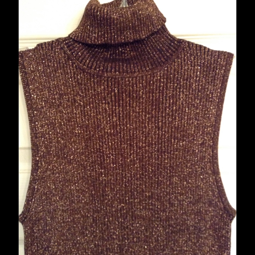 Cache Bronze Metallic Bodycon Turtleneck Top